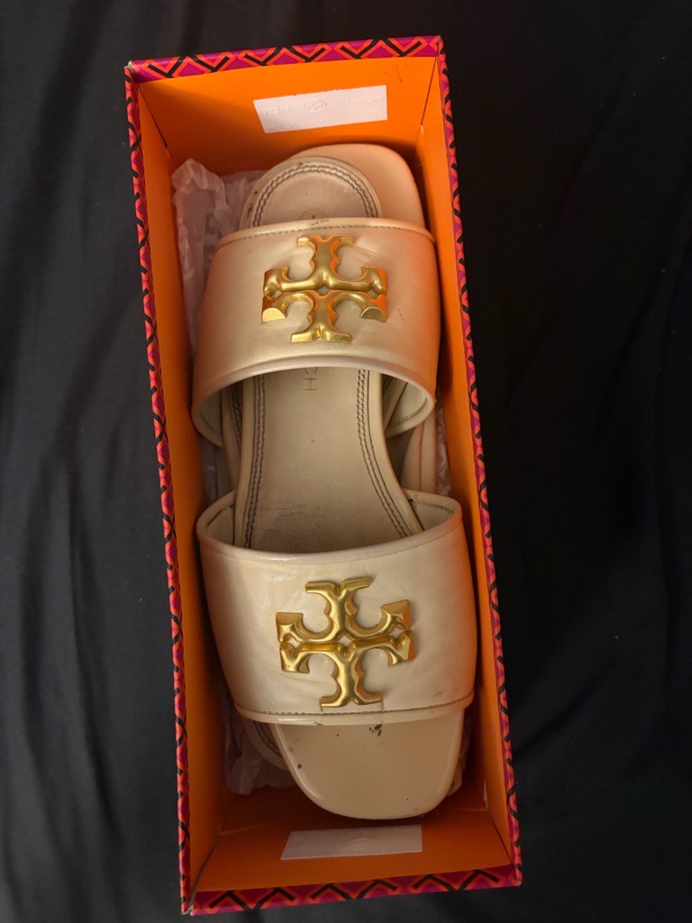 Tory Burch Gold-Logo Double Strap Slides in Beige